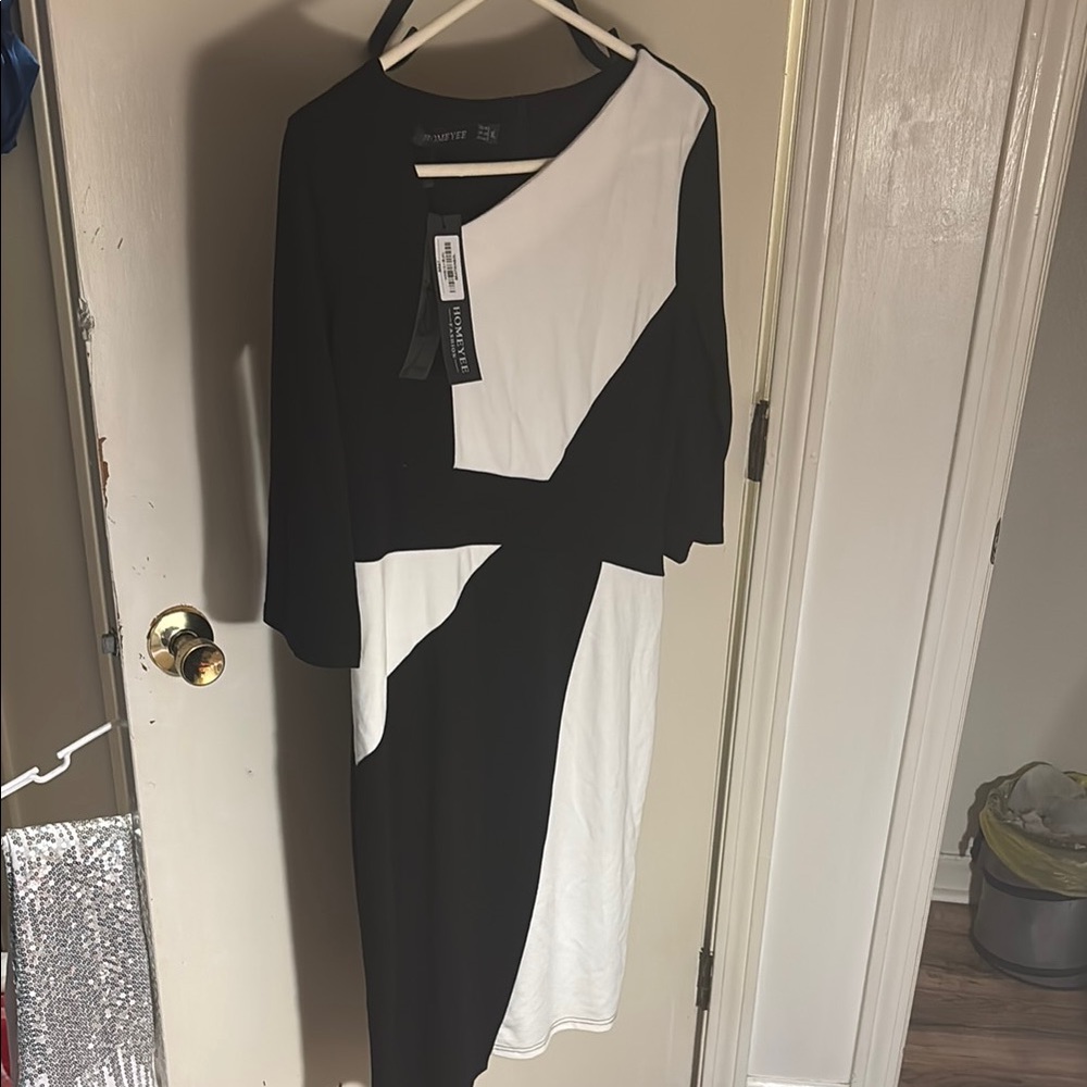 Black and White Asymmetrical Sheath Dress with 3/4 Sleeves